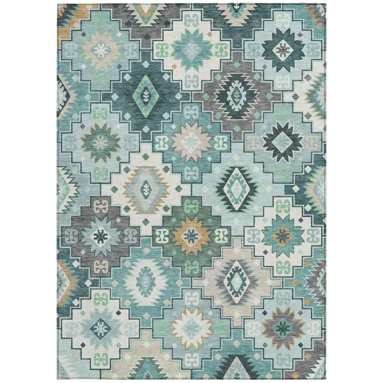 3' X 5' Teal Blue Beige And Ivory Southwestern Washable Indoor Outdoor Area Rug