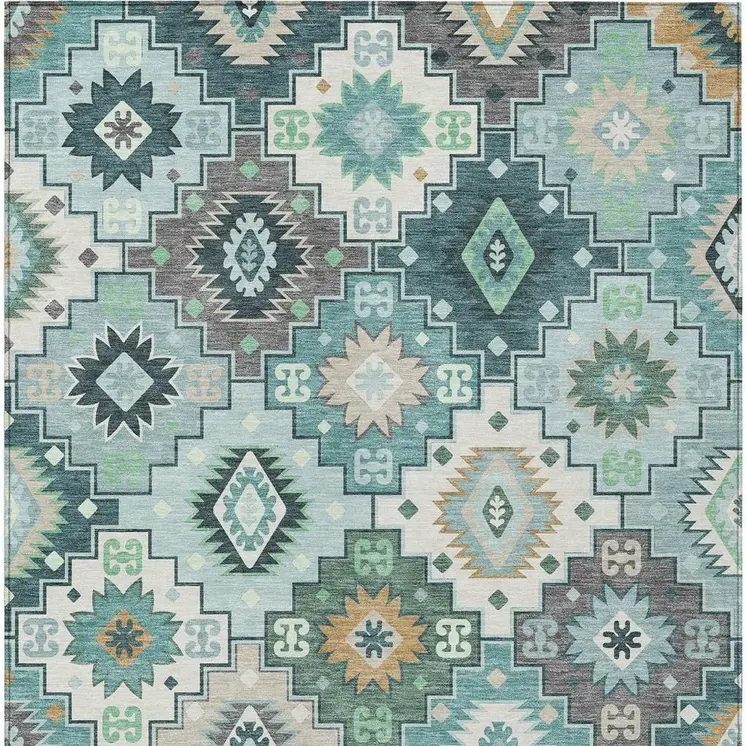 5' X 8' Teal Blue Beige And Ivory Southwestern Washable Indoor Outdoor Area Rug