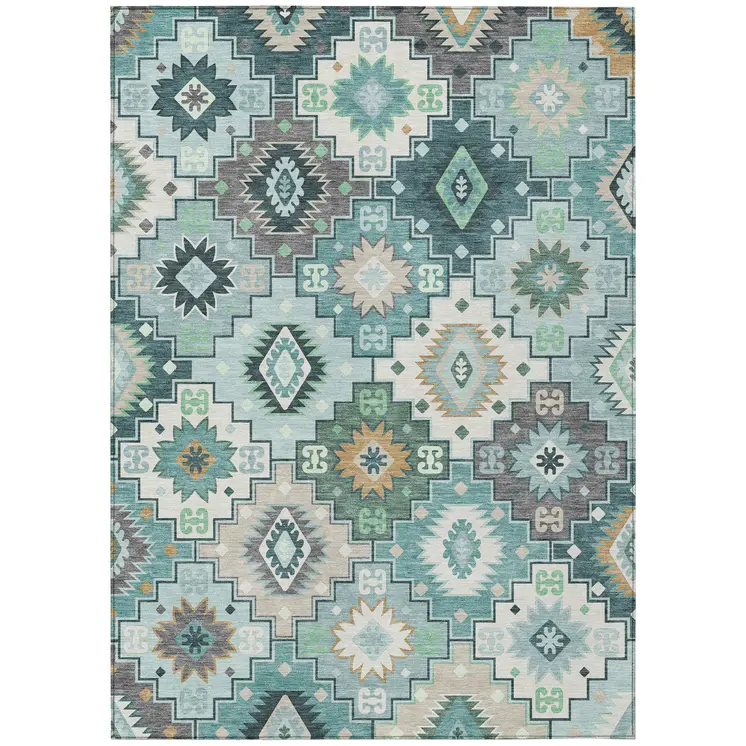5' X 8' Teal Blue Beige And Ivory Southwestern Washable Indoor Outdoor Area Rug