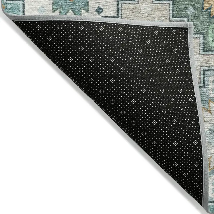 5' X 8' Teal Blue Beige And Ivory Southwestern Washable Indoor Outdoor Area Rug