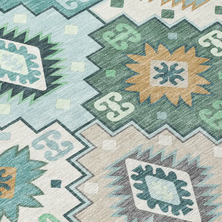 5' X 8' Teal Blue Beige And Ivory Southwestern Washable Indoor Outdoor Area Rug