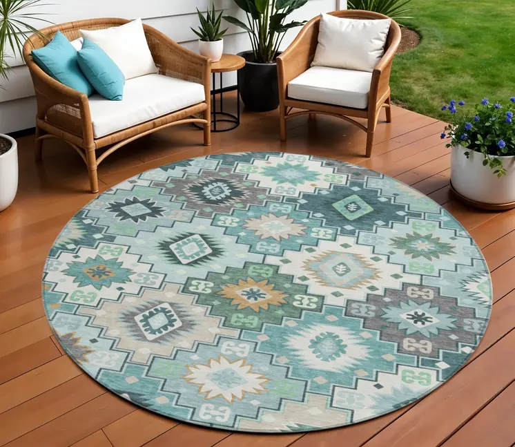8' Teal Blue Beige And Ivory Round Southwestern Washable Indoor Outdoor Area Rug