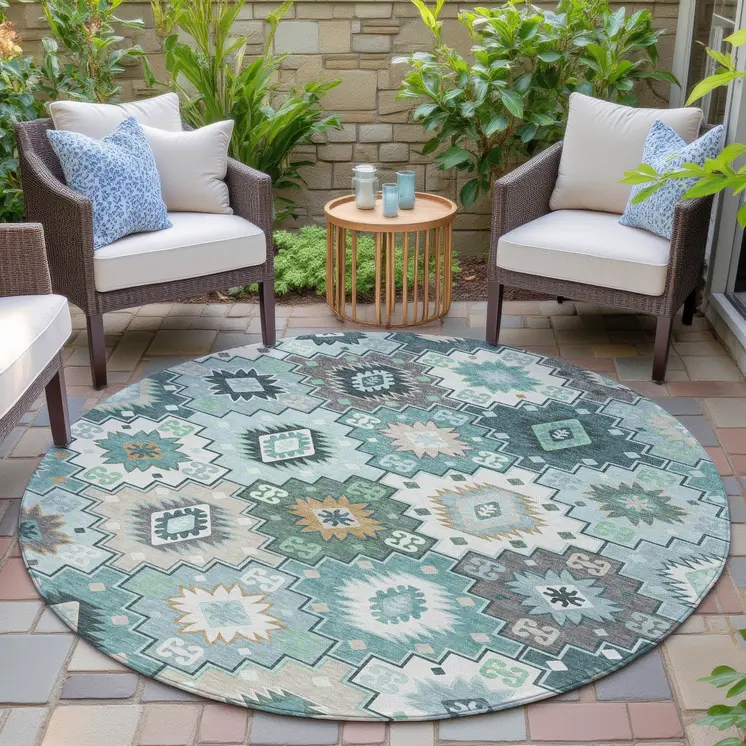 8' Teal Blue Beige And Ivory Round Southwestern Washable Indoor Outdoor Area Rug