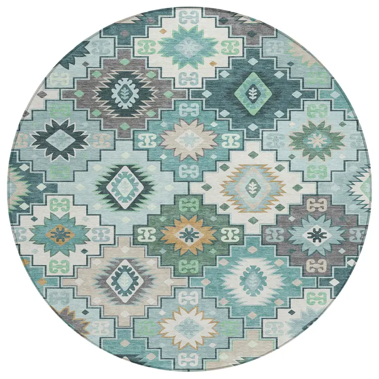 8' Teal Blue Beige And Ivory Round Southwestern Washable Indoor Outdoor Area Rug