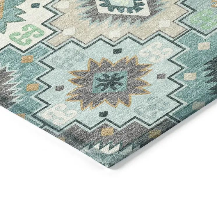 8' Teal Blue Beige And Ivory Round Southwestern Washable Indoor Outdoor Area Rug