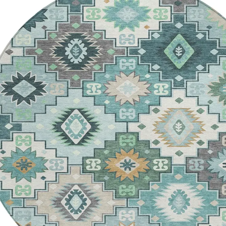 8' Teal Blue Beige And Ivory Round Southwestern Washable Indoor Outdoor Area Rug