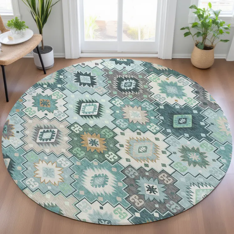 8' Teal Blue Beige And Ivory Round Southwestern Washable Indoor Outdoor Area Rug