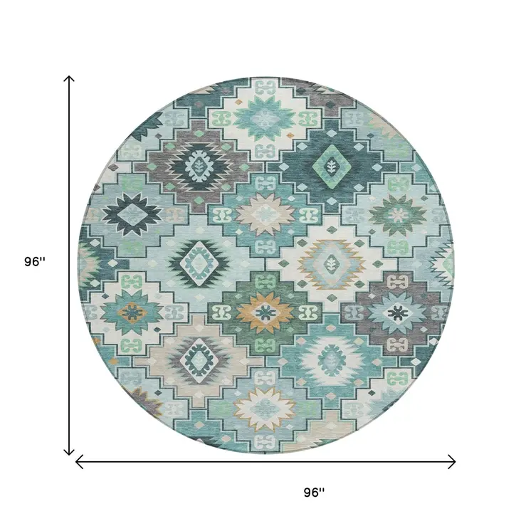 8' Teal Blue Beige And Ivory Round Southwestern Washable Indoor Outdoor Area Rug