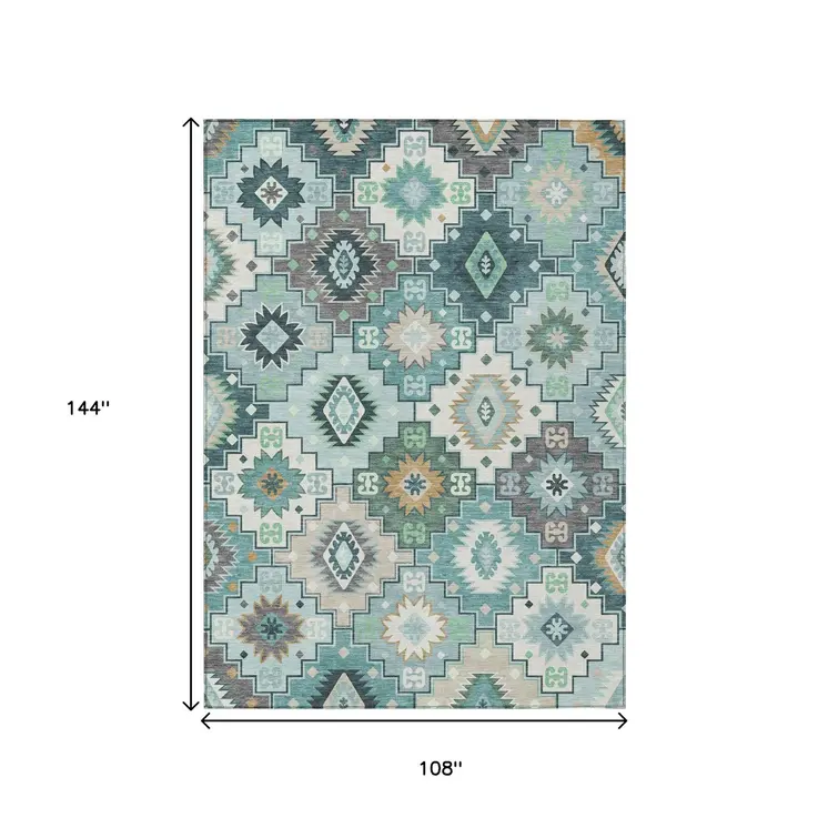 9' X 12' Teal Blue Beige And Ivory Southwestern Washable Indoor Outdoor Area Rug
