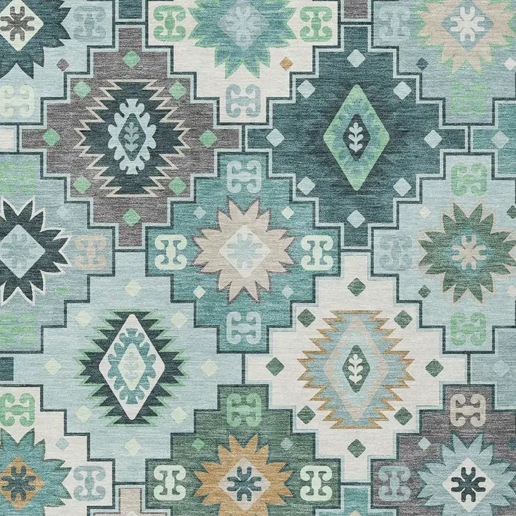 9' X 12' Teal Blue Beige And Ivory Southwestern Washable Indoor Outdoor Area Rug