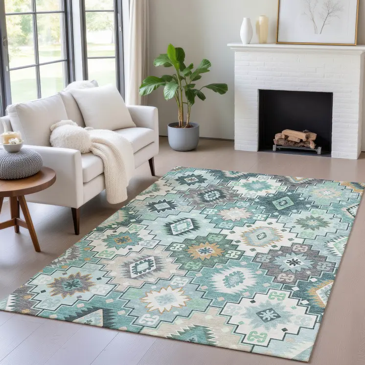9' X 12' Teal Blue Beige And Ivory Southwestern Washable Indoor Outdoor Area Rug