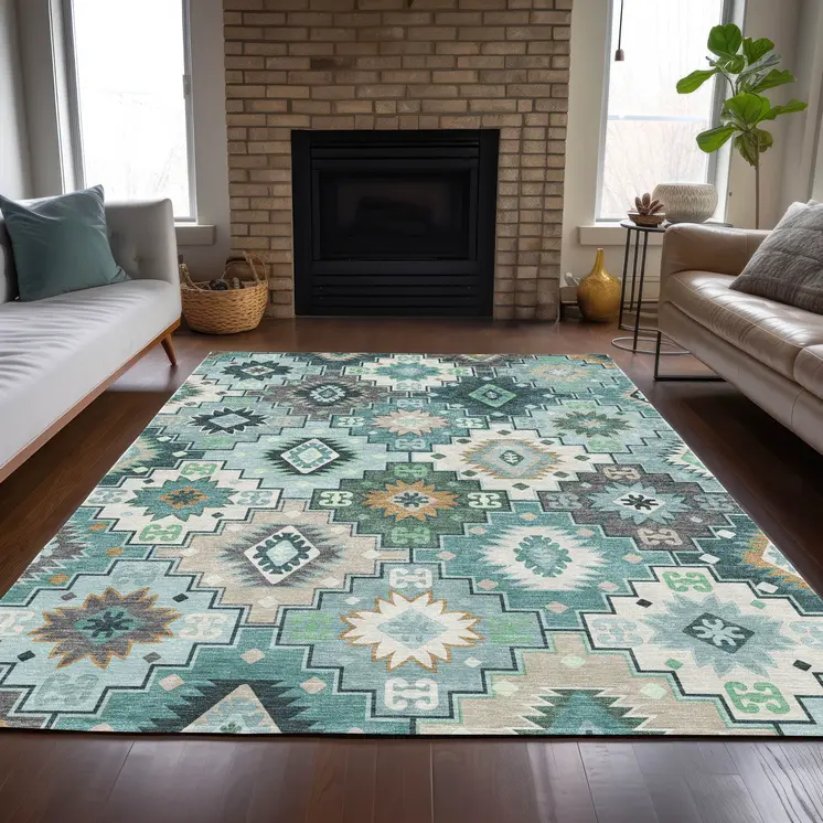 9' X 12' Teal Blue Beige And Ivory Southwestern Washable Indoor Outdoor Area Rug