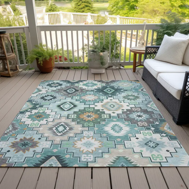 9' X 12' Teal Blue Beige And Ivory Southwestern Washable Indoor Outdoor Area Rug