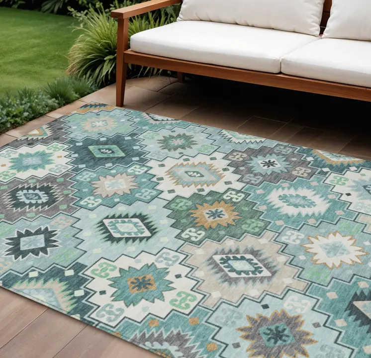 10' X 14' Teal Blue Beige And Ivory Southwestern Washable Indoor Outdoor Area Rug