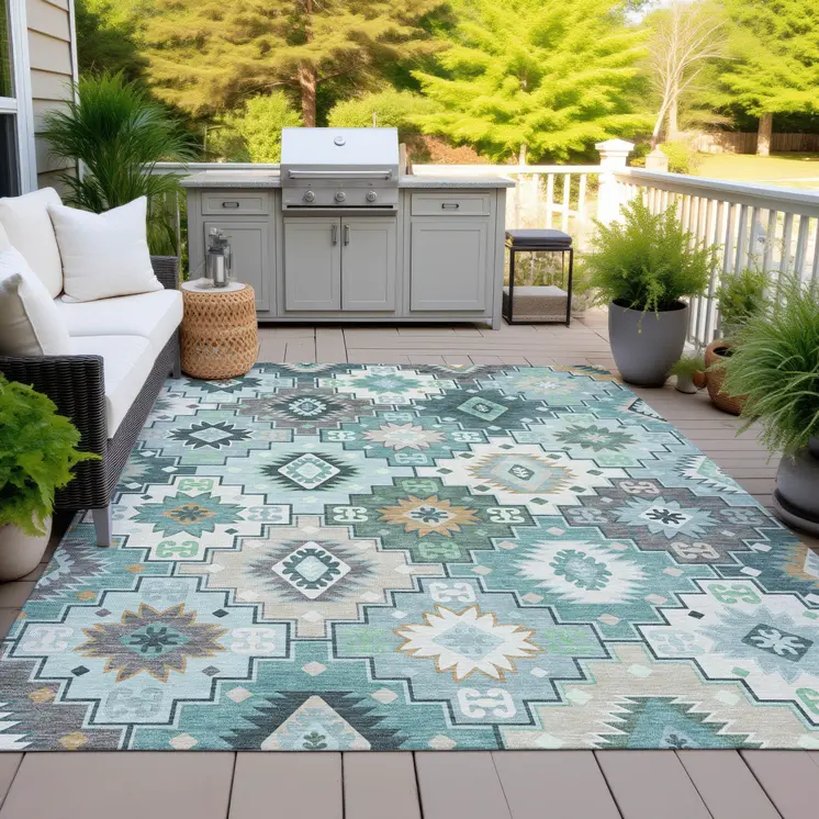 10' X 14' Teal Blue Beige And Ivory Southwestern Washable Indoor Outdoor Area Rug
