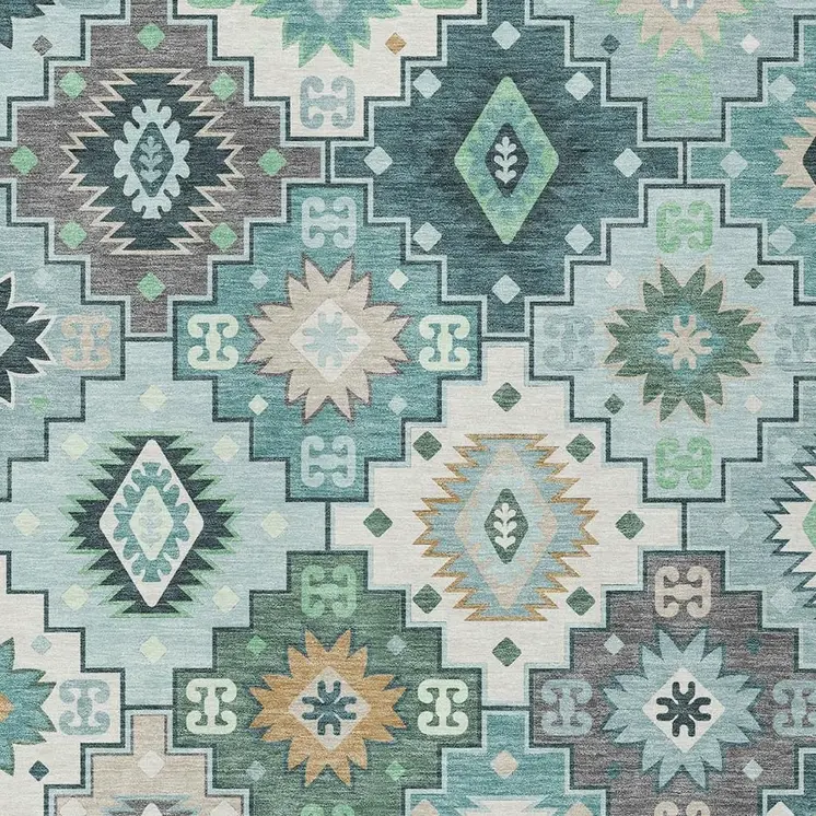 10' X 14' Teal Blue Beige And Ivory Southwestern Washable Indoor Outdoor Area Rug