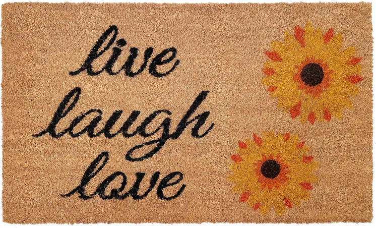 17" X 29" Natural Yellow And Black Floral Live Love Laugh Outdoor  Coir Door Mat