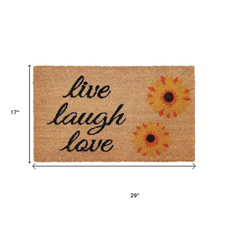 17" X 29" Natural Yellow And Black Floral Live Love Laugh Outdoor  Coir Door Mat