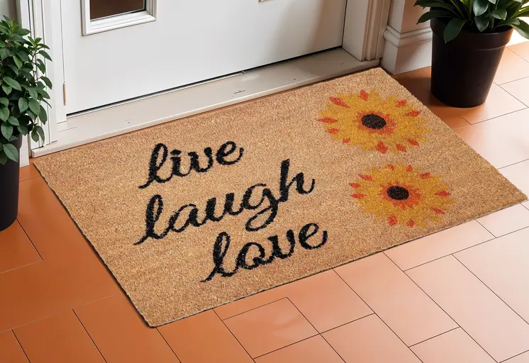 17" X 29" Natural Yellow And Black Floral Live Love Laugh Outdoor  Coir Door Mat