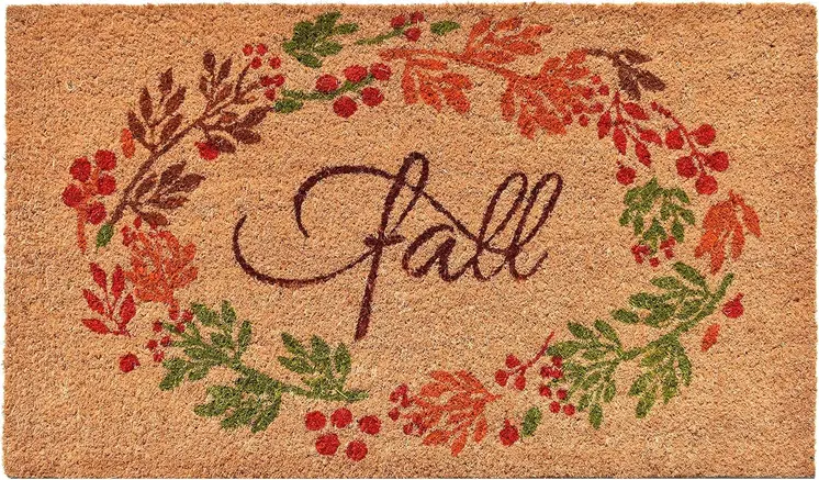 17" X 29" Natural Green And Orange Fall Leaves Coir Outdoor Door Mat
