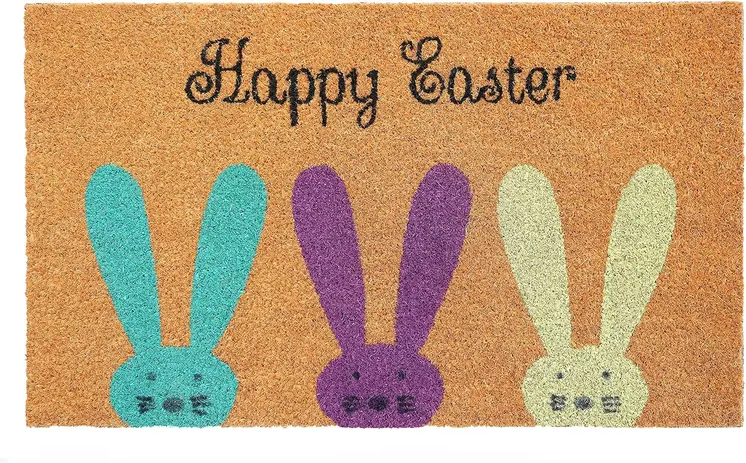 17" X 29" Natural Aqua And Purple Bunny Happy Easter Coir Outdoor Door Mat