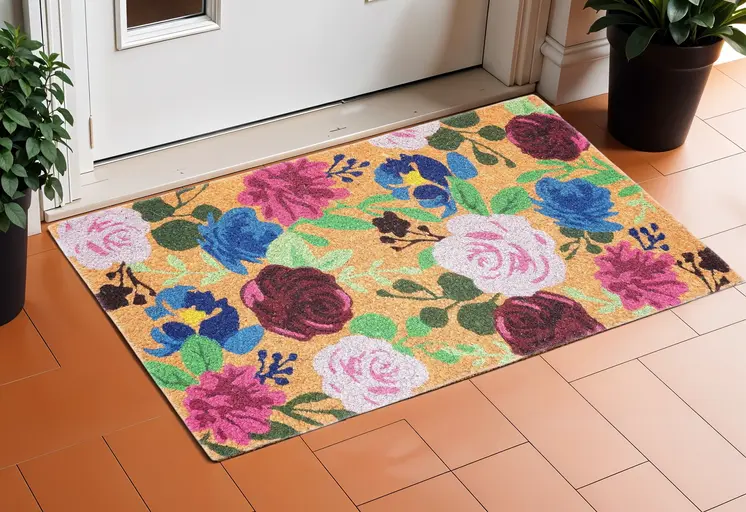 17" X 29" Natural Pink And Blue Floral Outdoor Coir Door Mat