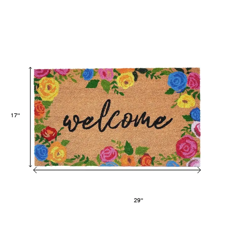 17" X 29" Natural Blue Pink And Yellow Floral Welcome Outdoor Coir Door Mat