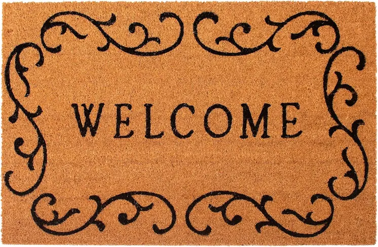17" X 29" Natural And Black Scrollwork Welcome Outdoor Coir Door Mat