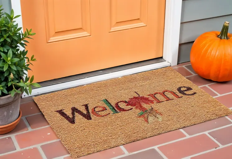 17" X 29" Natural And Orange Fall Leaves Welcome Coir Outdoor Door Mat