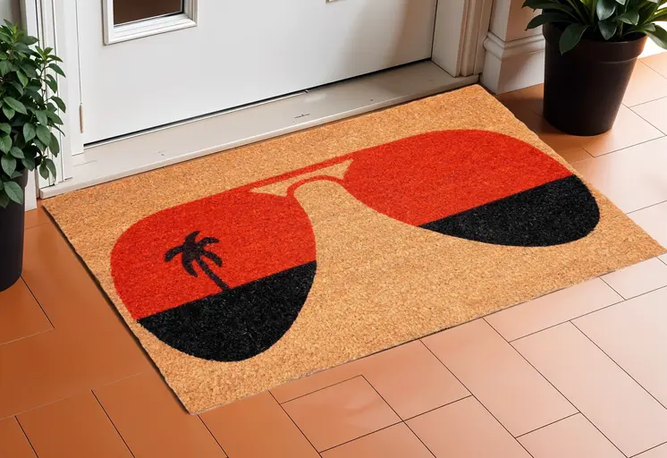 17" X 29" Natural And Red Summer Tropical Outdoor Coir Door Mat