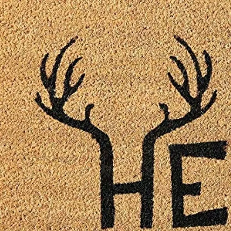 17" X 29" Natural And Black Hello With Antlers Coir Outdoor Door Mat