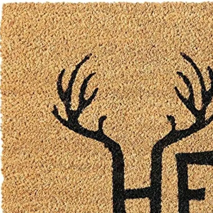 17" X 29" Natural And Black Hello With Antlers Coir Outdoor Door Mat