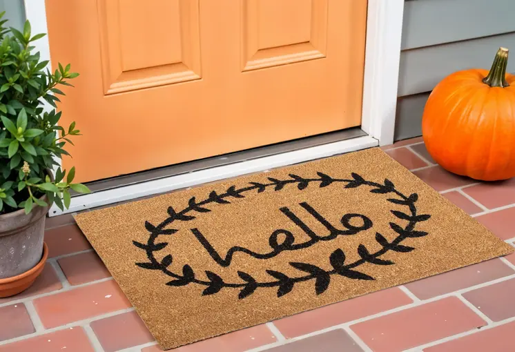 17" X 29" Natural And Black Hello Outdoor Coir Door Mat
