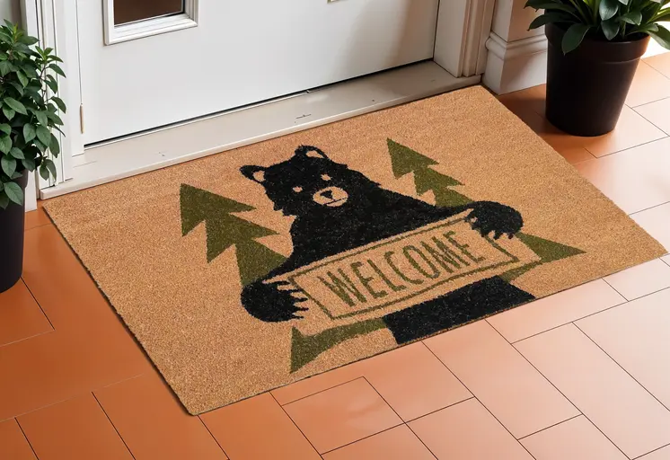17" X 29" Natural And Black Coir Bear Outdoor Door Mat
