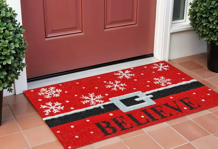 24" X 36" Red And Black Coir Snowflake Outdoor Christmas Door Mat