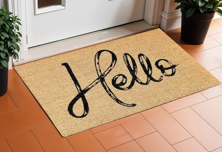24" X 36" Natural And Black Hello Distressed Outdoor Coir Door Mat
