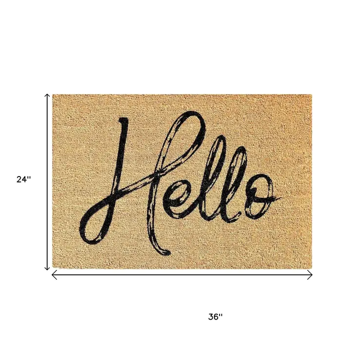 24" X 36" Natural And Black Hello Distressed Outdoor Coir Door Mat