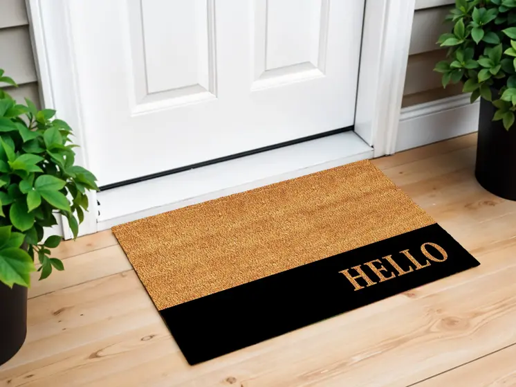 24" X 36" Natural And Black Color Block Hello Outdoor Coir Door Mat