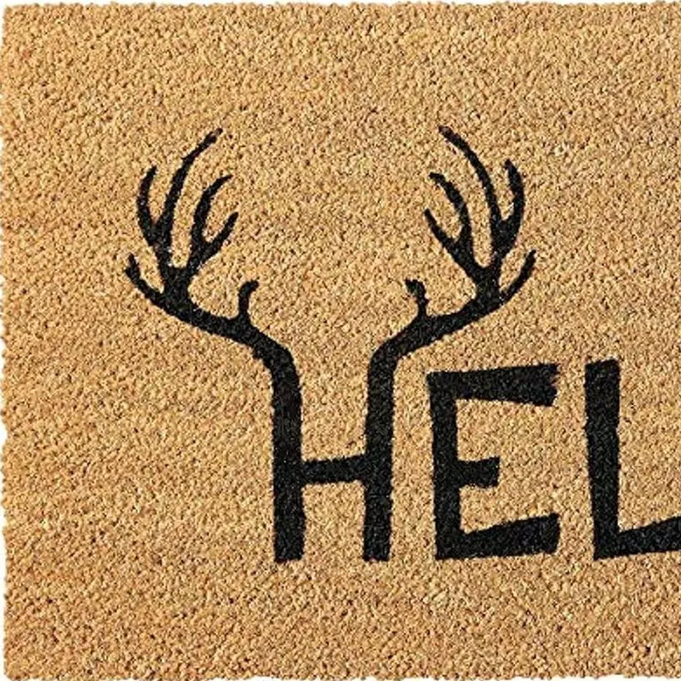24" X 36" Natural And Black Hello With Antlers Outdoor Coir Door Mat