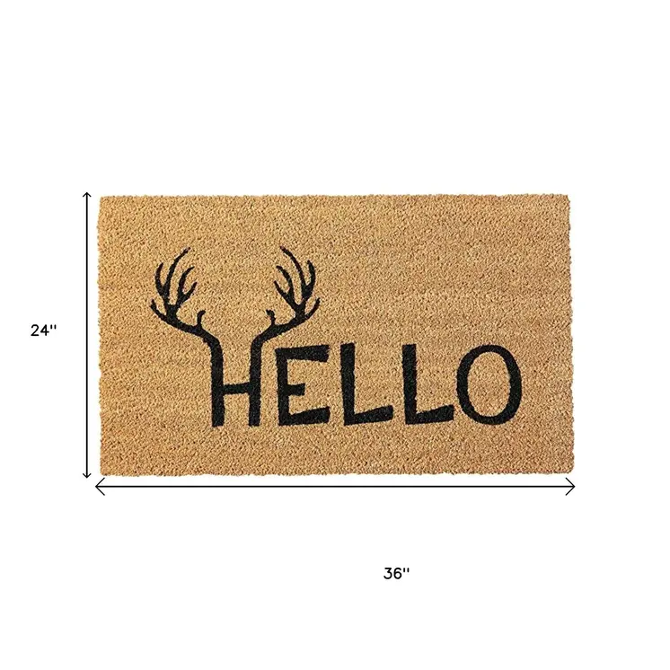 24" X 36" Natural And Black Hello With Antlers Outdoor Coir Door Mat
