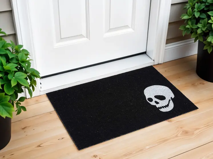 24" X 36" Black And White Coir Skull Outdoor Halloween Door Mat