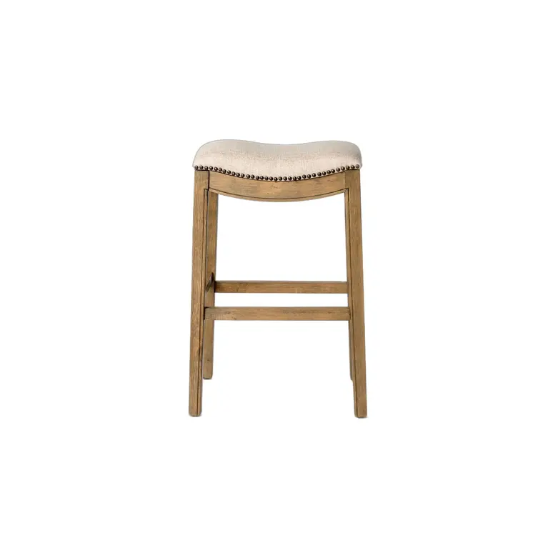 31" Beige and Brown Fabric and Solid Wood Backless Bar Height Bar Chair