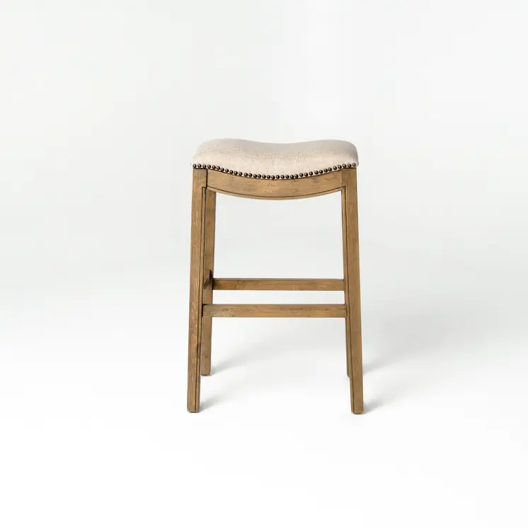 31" Beige and Brown Fabric and Solid Wood Backless Bar Height Bar Chair