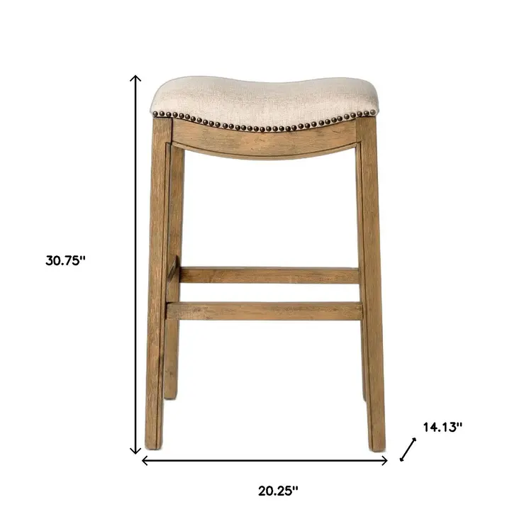31" Beige and Brown Fabric and Solid Wood Backless Bar Height Bar Chair