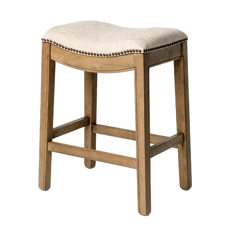 26" Beige and Brown Fabric and Solid Wood Backless Counter Height Bar Chair
