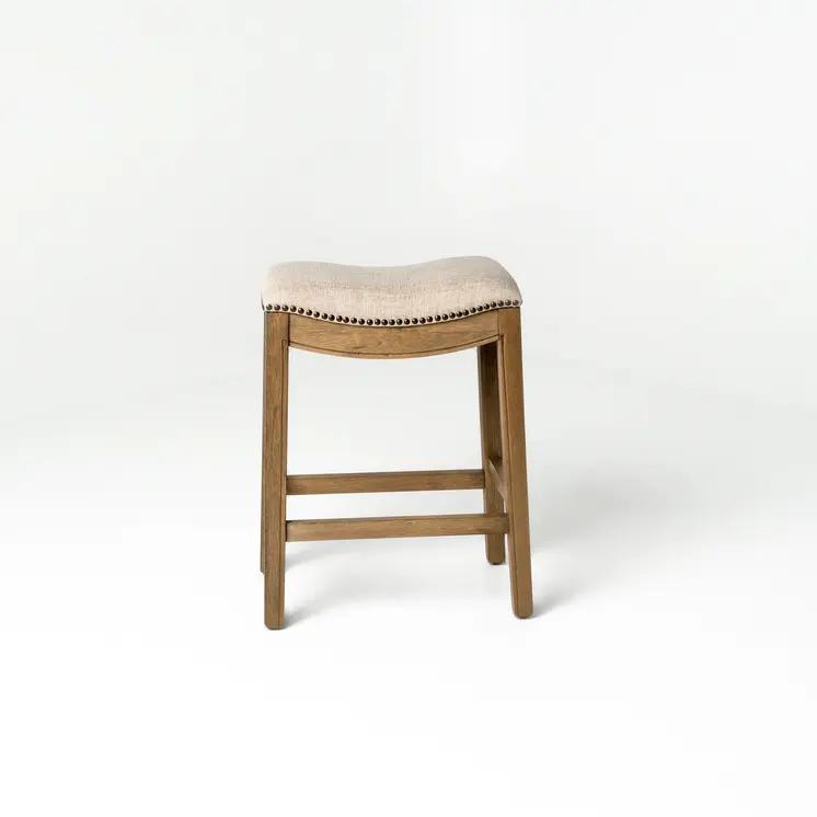 26" Beige and Brown Fabric and Solid Wood Backless Counter Height Bar Chair