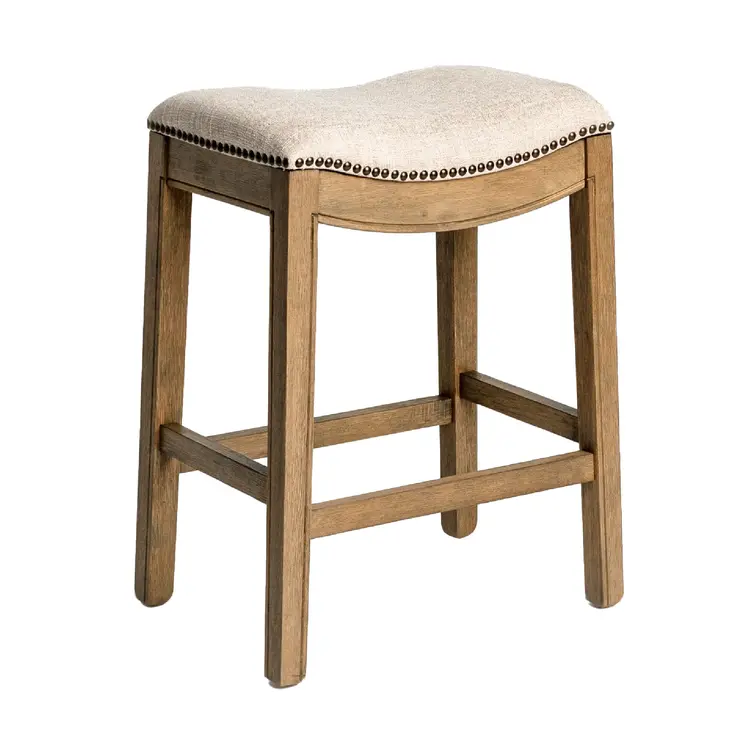 26" Beige and Brown Fabric and Solid Wood Backless Counter Height Bar Chair