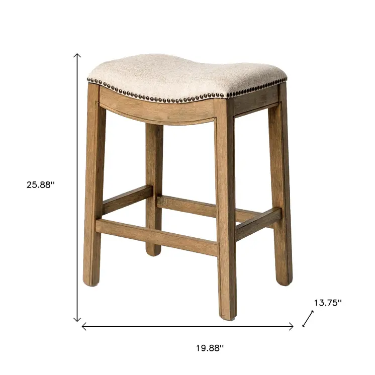 26" Beige and Brown Fabric and Solid Wood Backless Counter Height Bar Chair