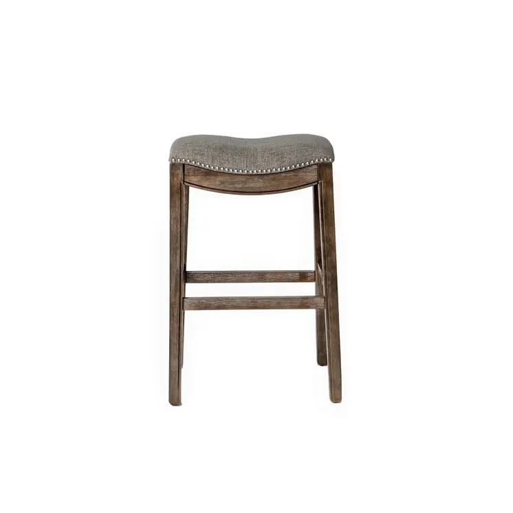31" Gray and Brown Fabric and Solid Wood Backless Bar Height Bar Chair