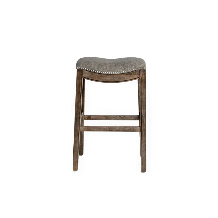 31" Gray and Brown Fabric and Solid Wood Backless Bar Height Bar Chair